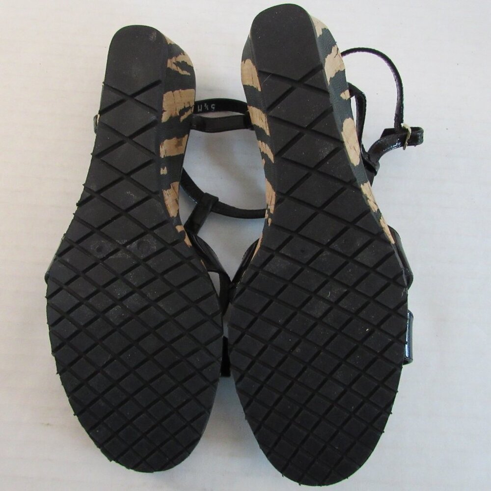 Amalfi Black T Strap Gold Animal Print Cork Wedge Heeled Sandal Size 5 1/2 M - Picture 8 of 8
